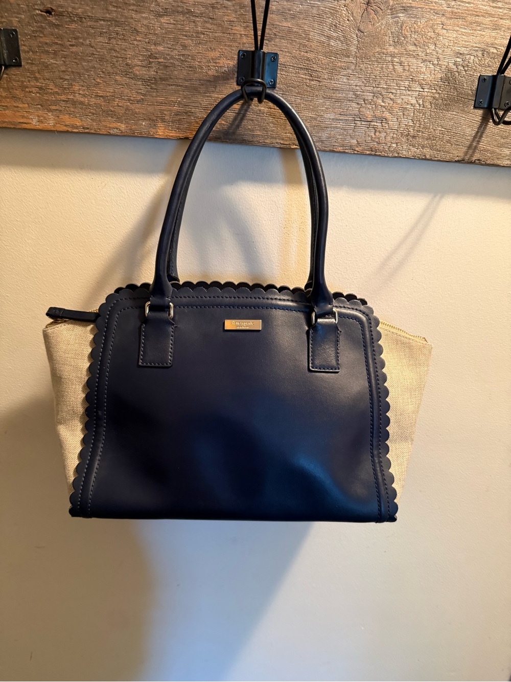 Kate Spade Linzi Maple Court Blue Scalloped Leather Satchel Bag Tote Gold Accent